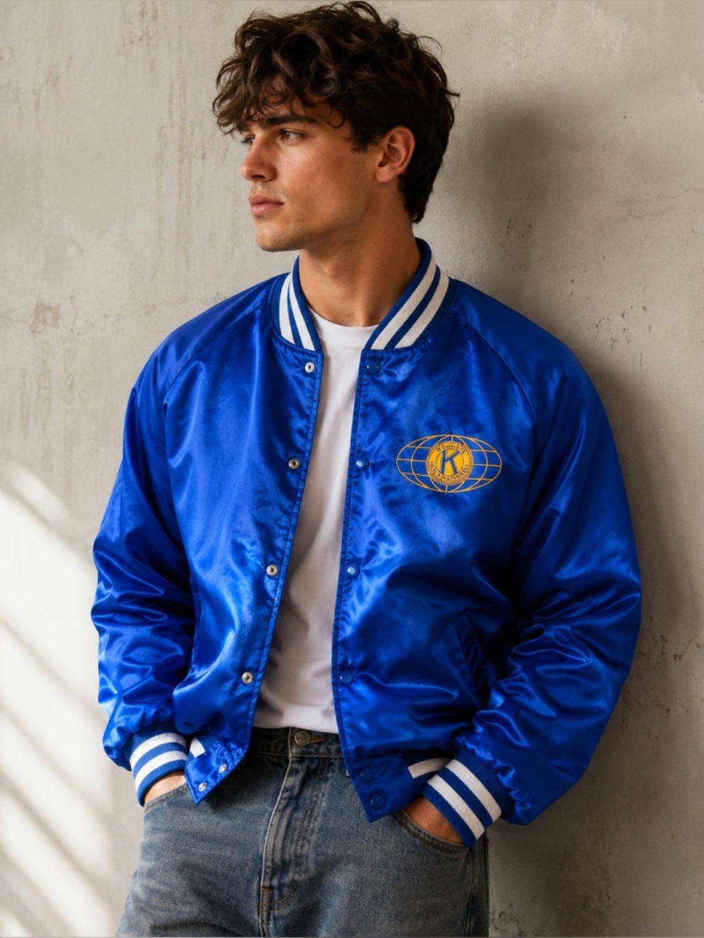 Vintage King Louie Pro Fit Kiwanis International Satin Bomber Jacket USA Men M